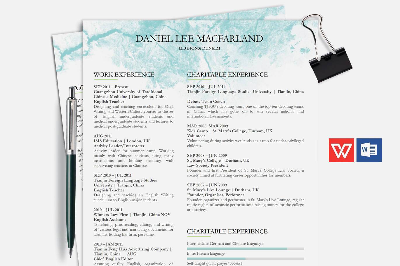 YWX-000047商务清新背景简约word英文简历模板/