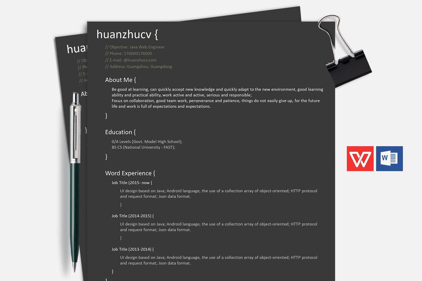 YWX-000014程序员代码风格英文简历模板/