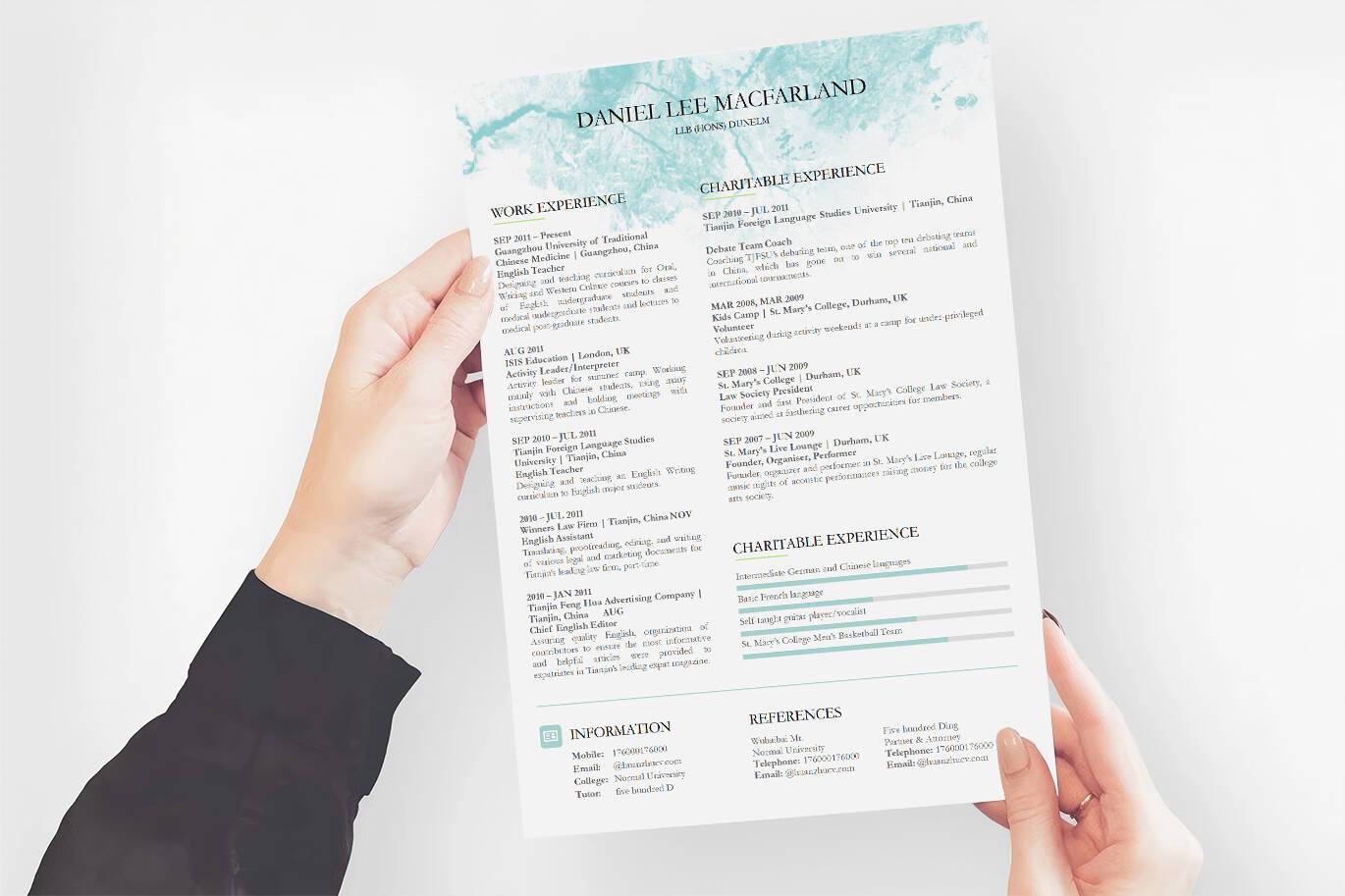 YWX-000047商务清新背景简约word英文简历模板/