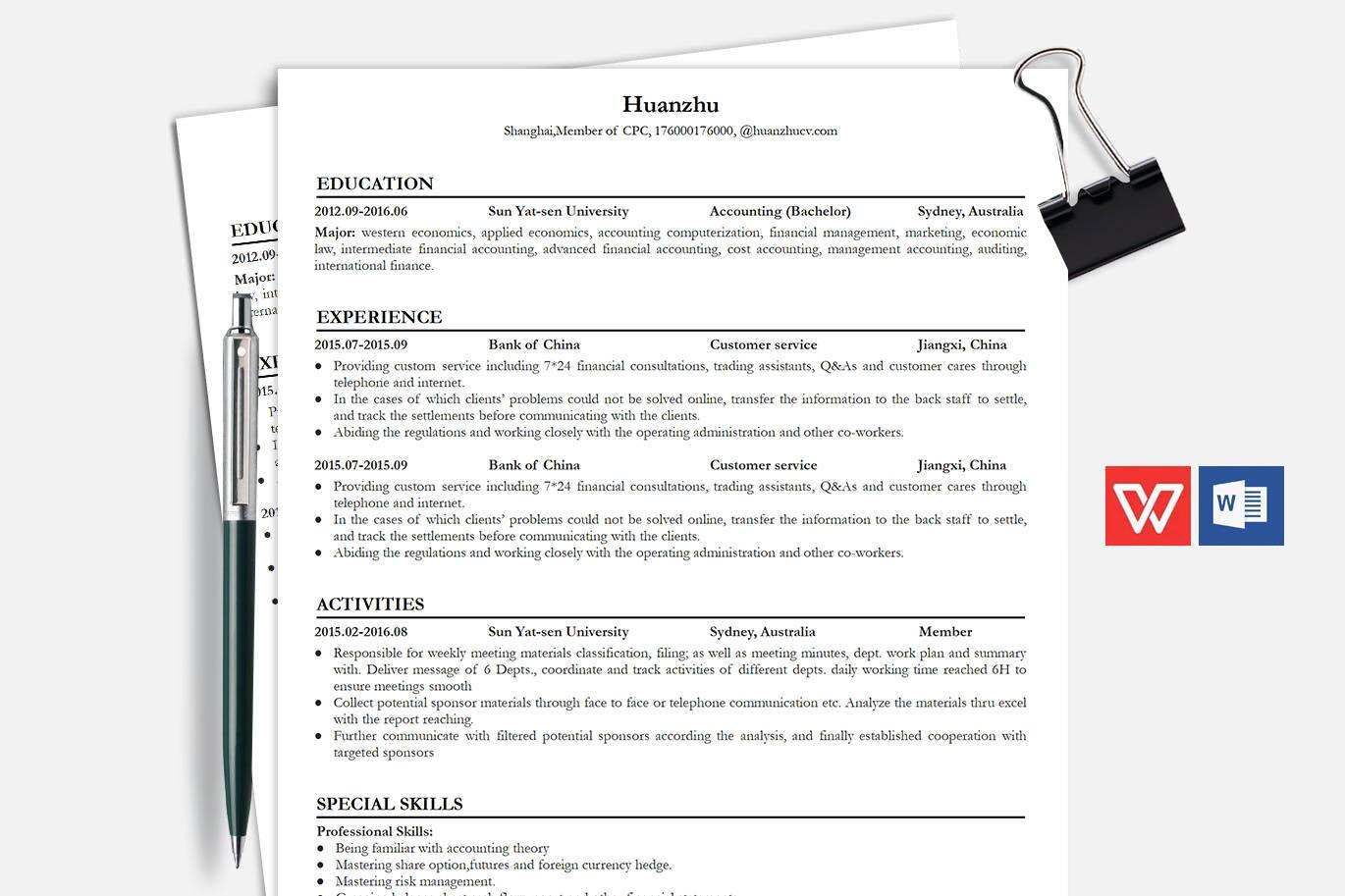 YWX-000053审计英文简历模板word格式/