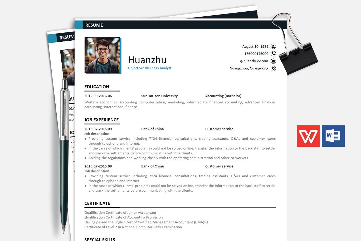 YWX-00008标准英文简历范例模板/