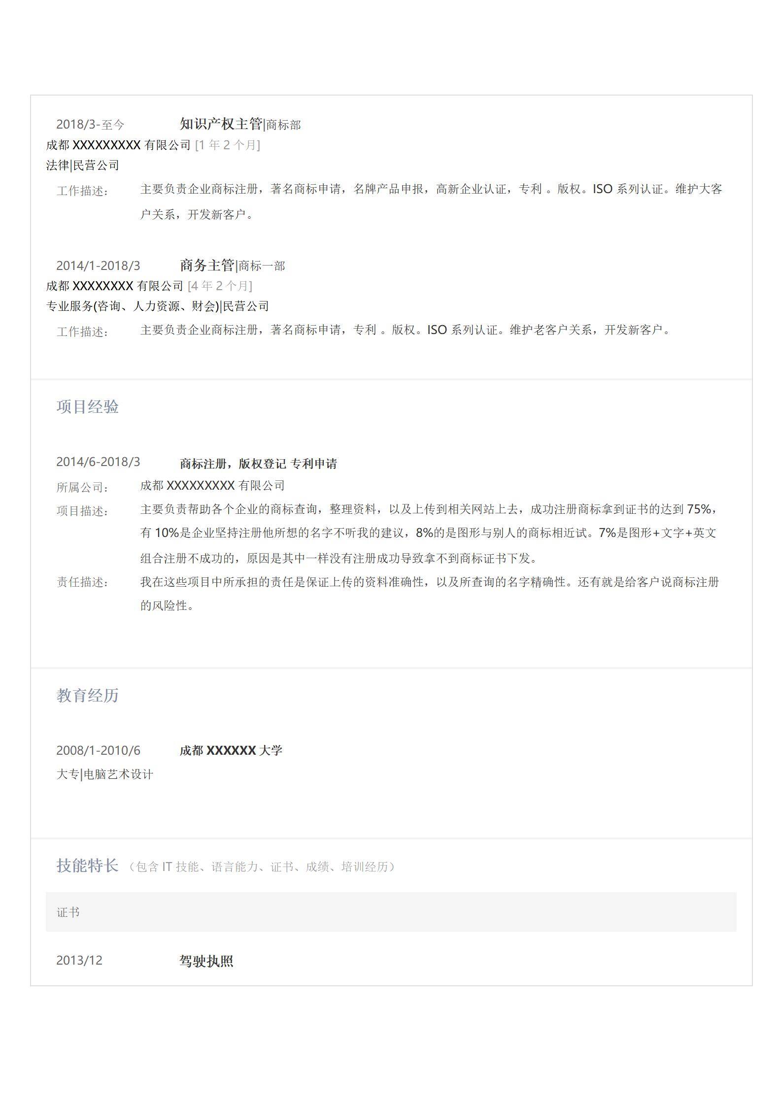 MX-4384知识产权主管大专学历简历/