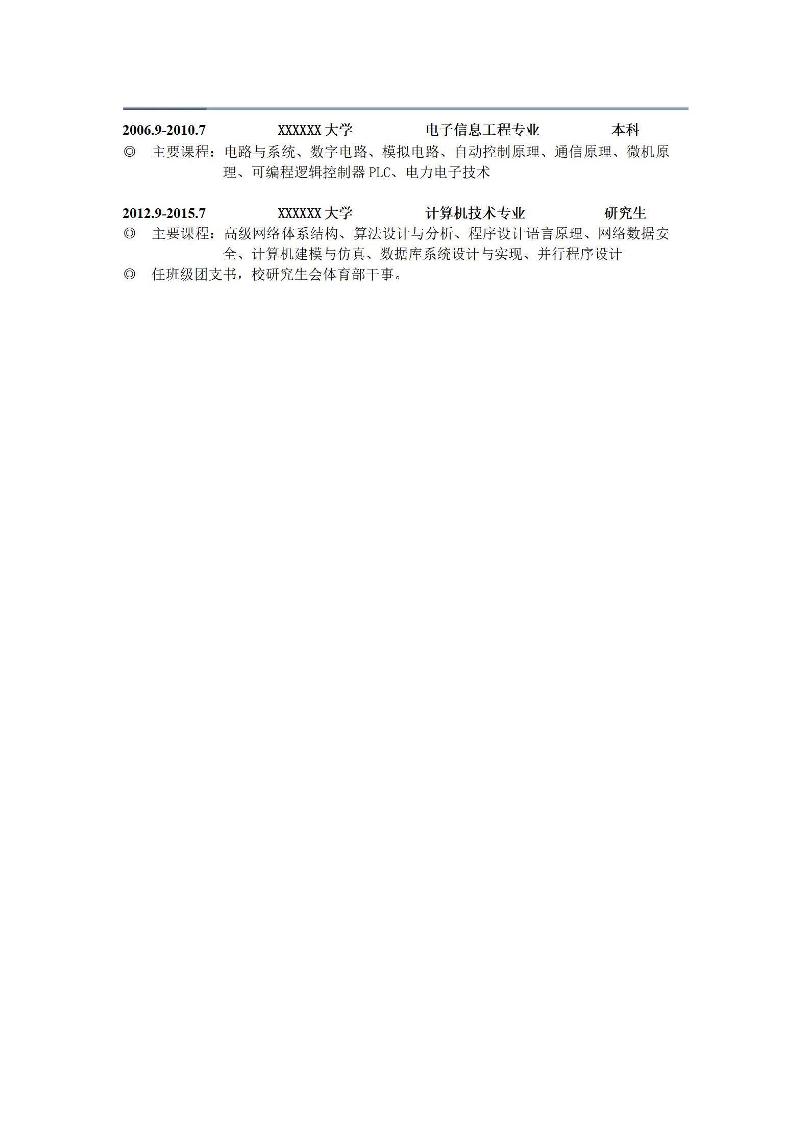 MX-2753见习工程师硕士简历模板/