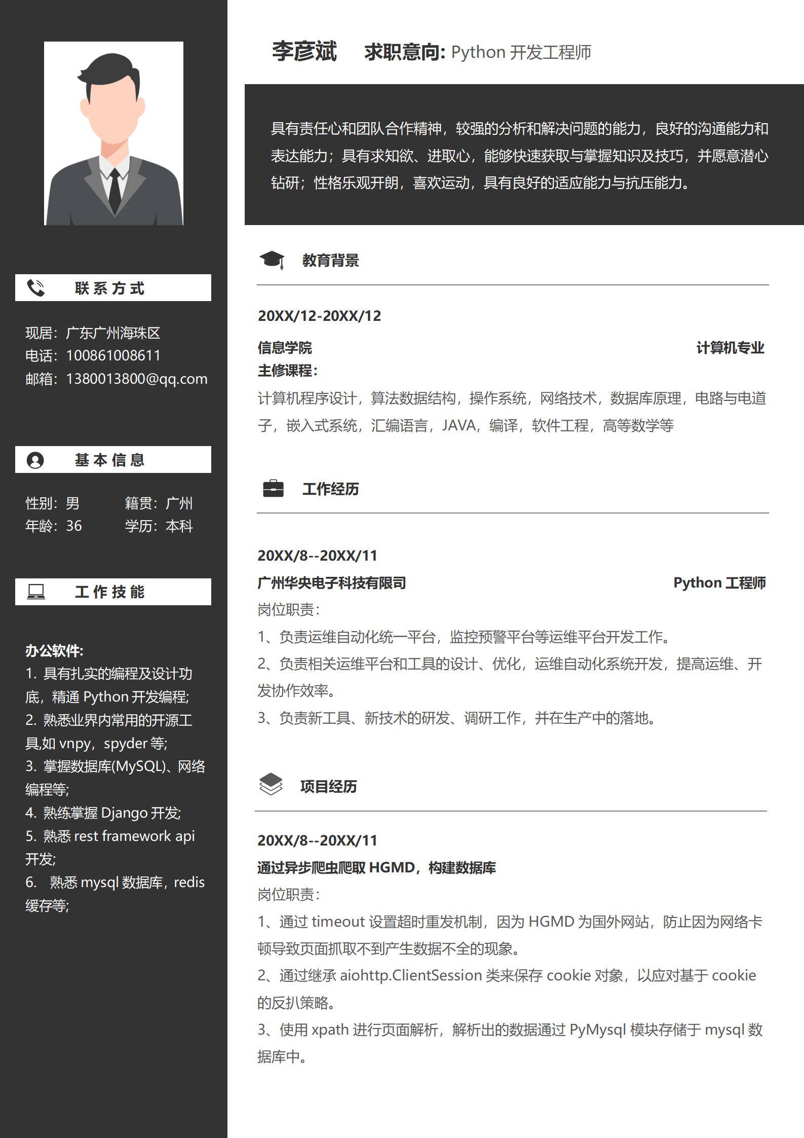 MX-0166Python生物信息开发一年工作经验简历模板/