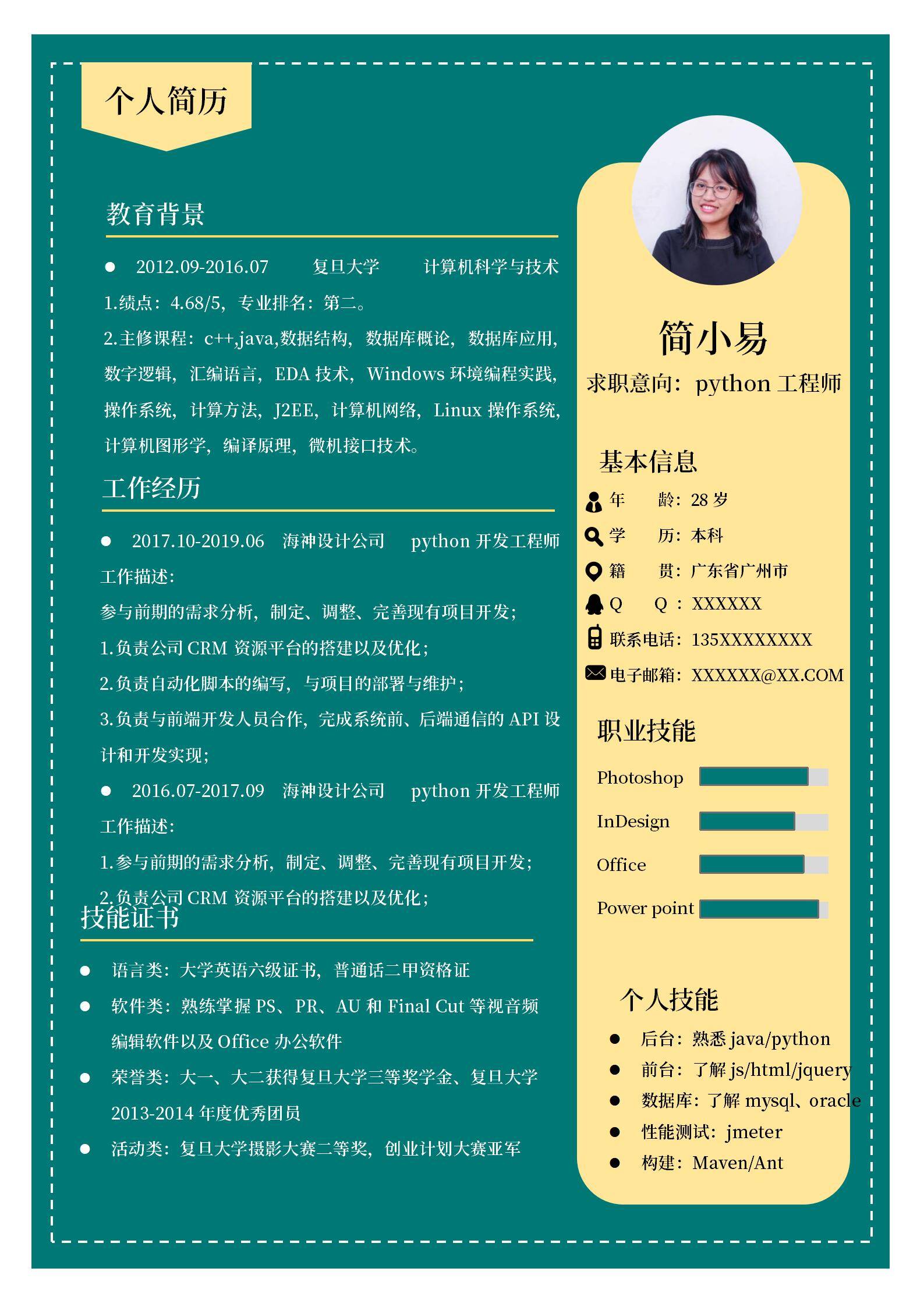 MX-0066互联网行业全栈Python开发简历模板/