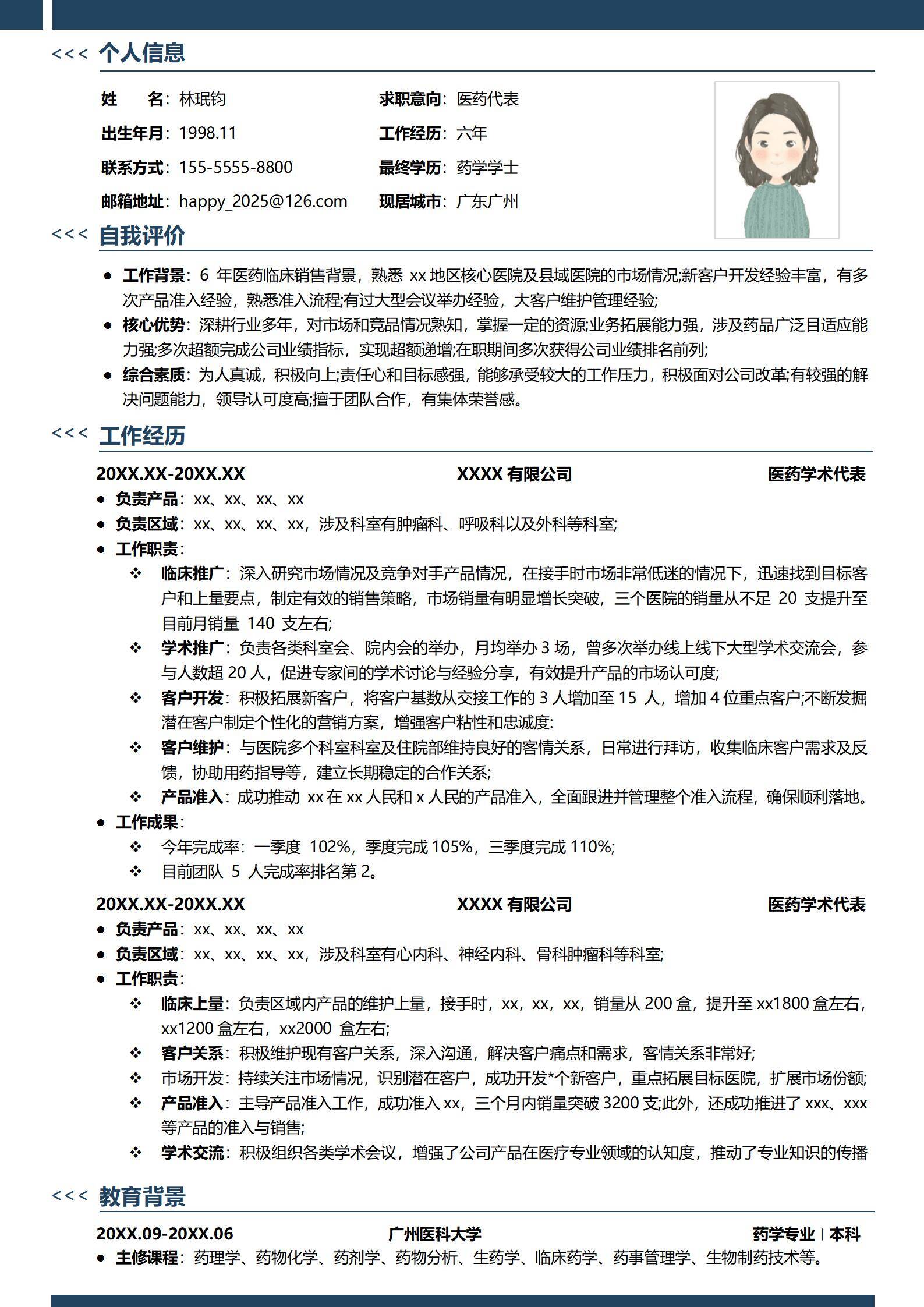 MX-4139医药学术代表六年推广经验简历模板/