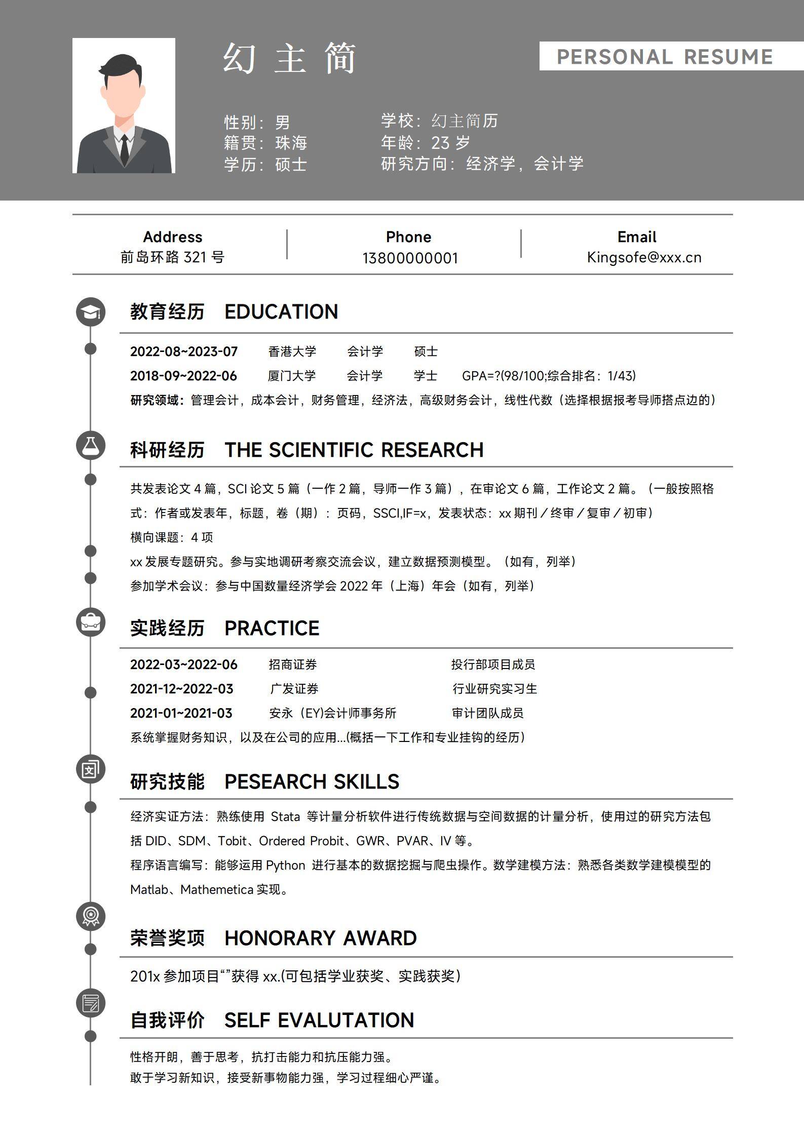 MX-1568金融学术硕士应届生考研简历模板/
