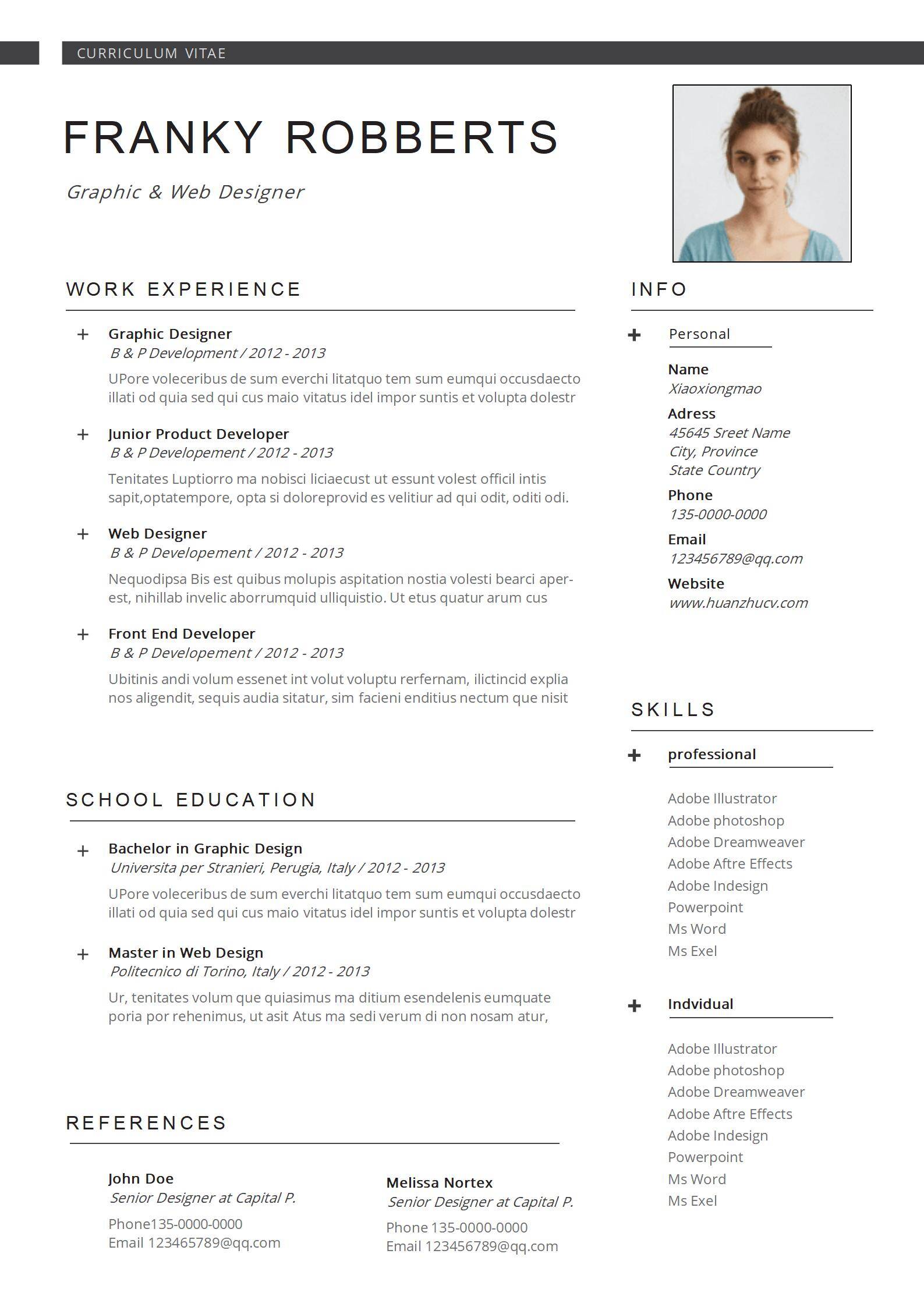 MX-0746创意简约风格的平面Web设计师英文简历模板/