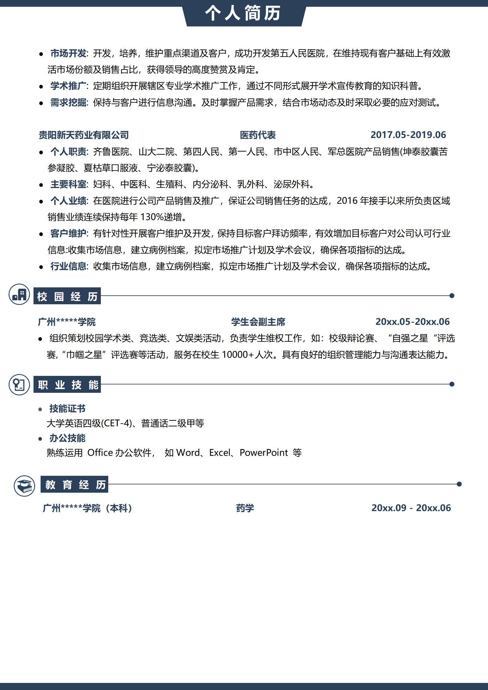 MX-4146医药相关应届生校园领导力简历模板/