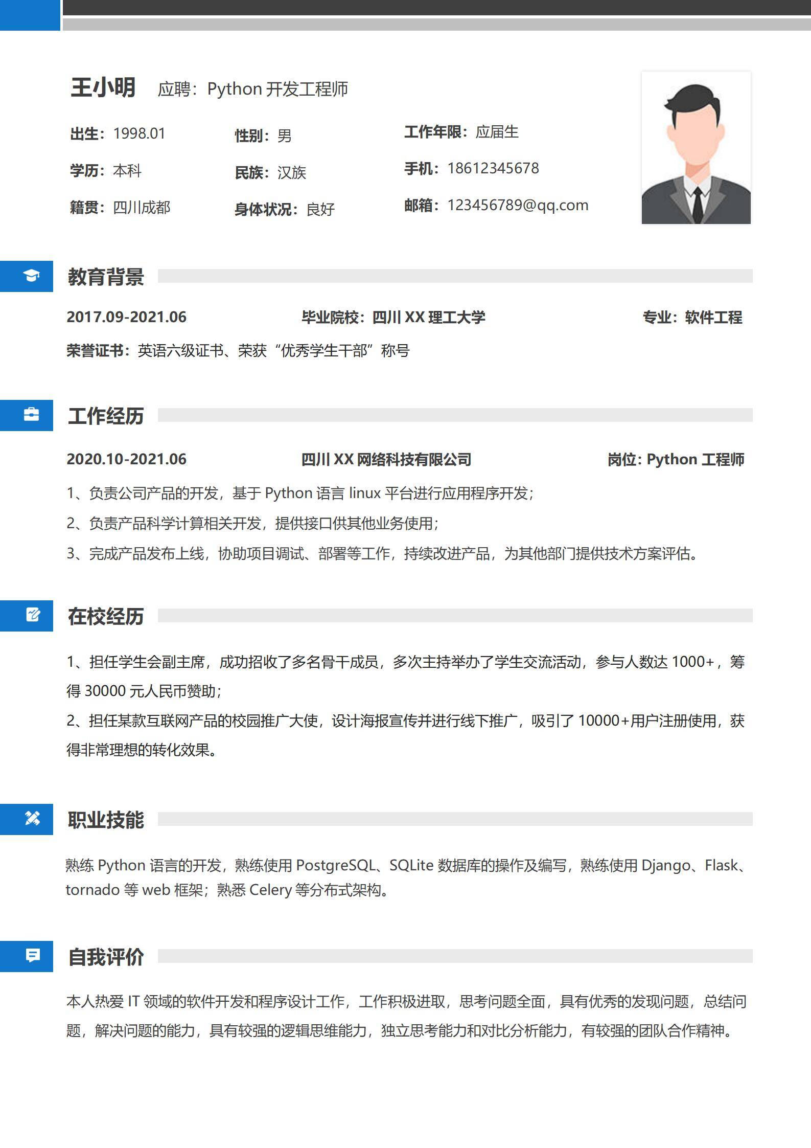 MX-0076网络科技行业Python开发简历模板/