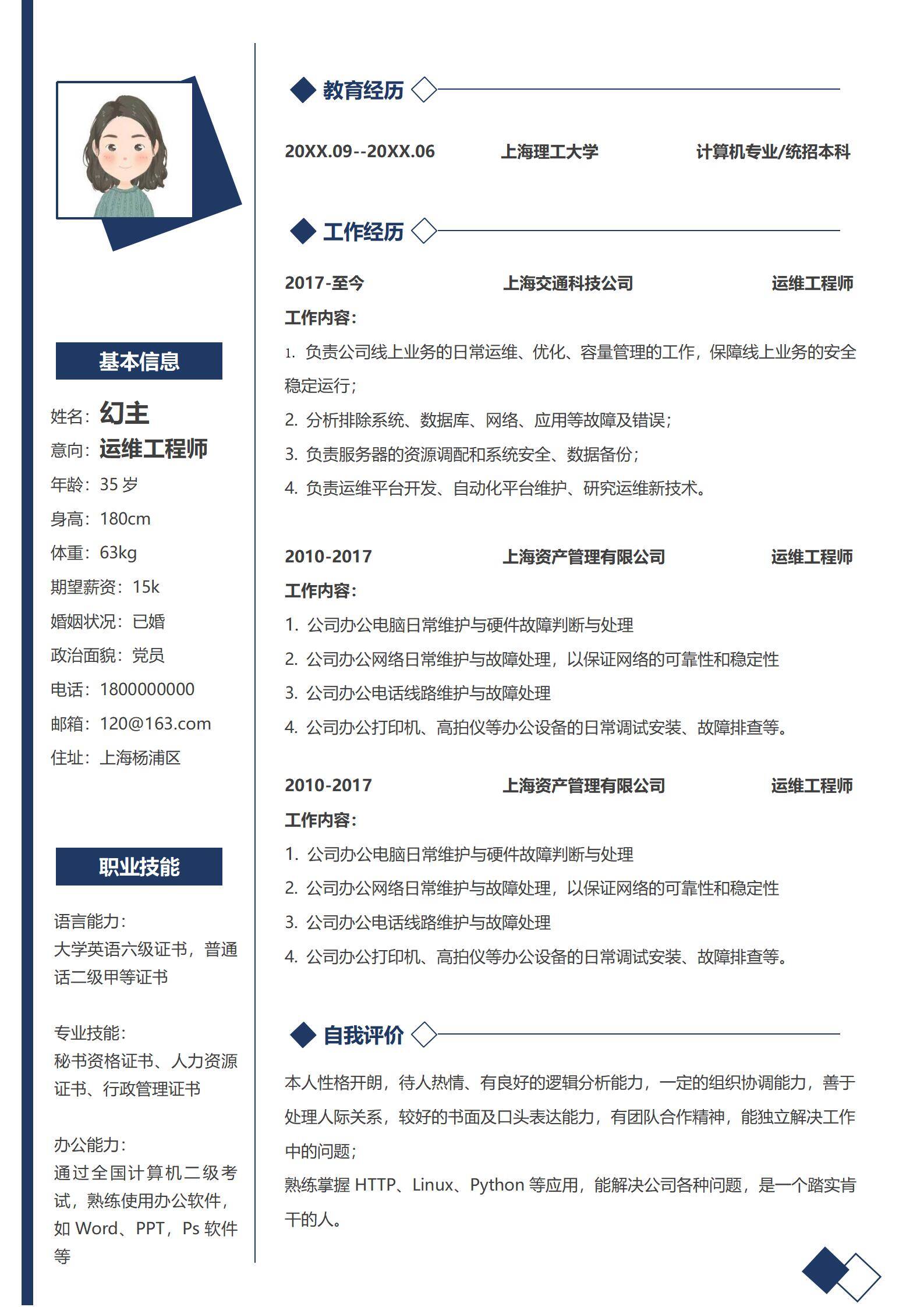 MX-0410运维七年资深经验简历模板/