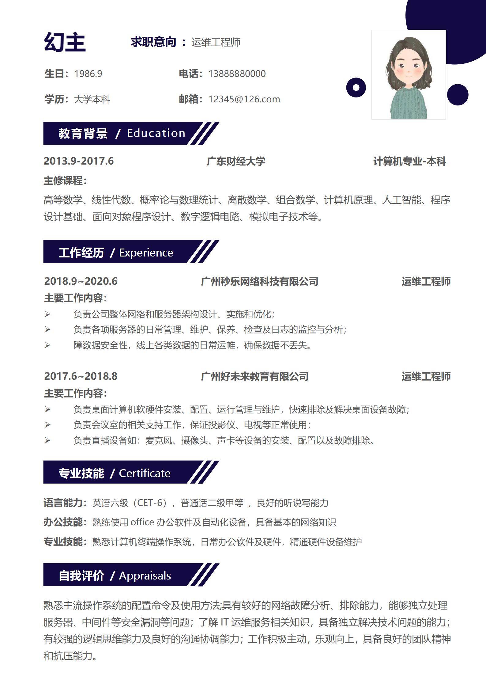 MX-0220在线教育运维工程师两年经验简历模板/