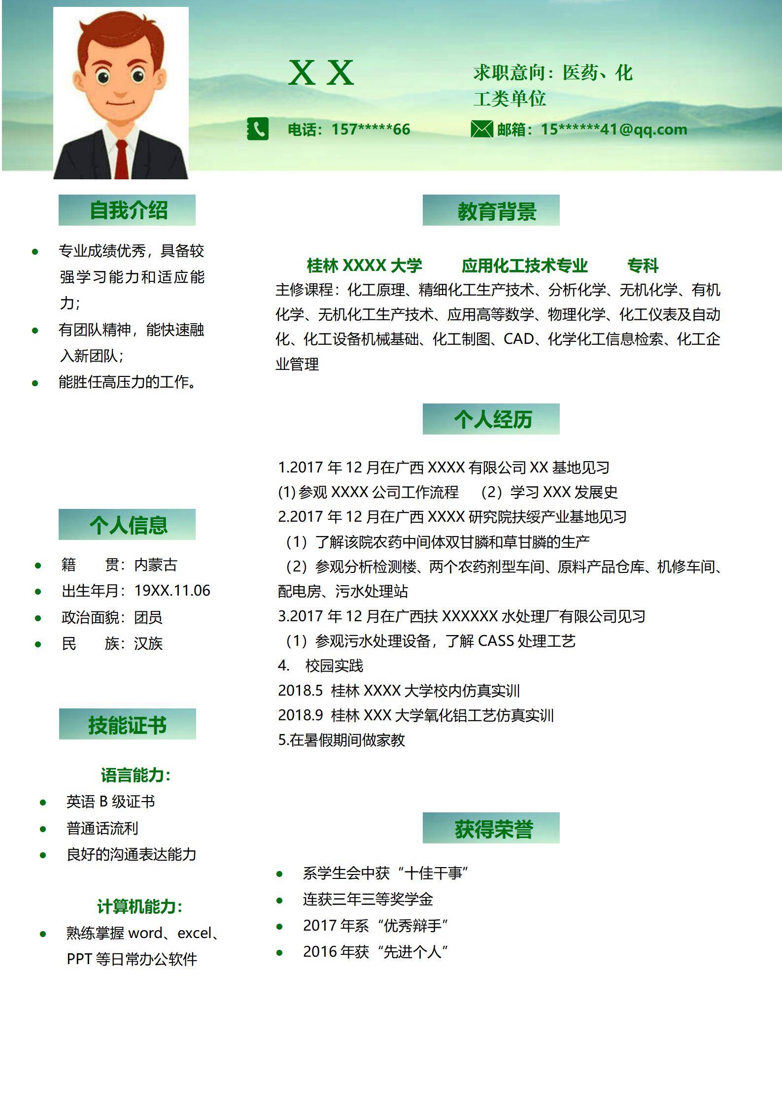 MX-2988医药化工应届生春招个人简历模板/