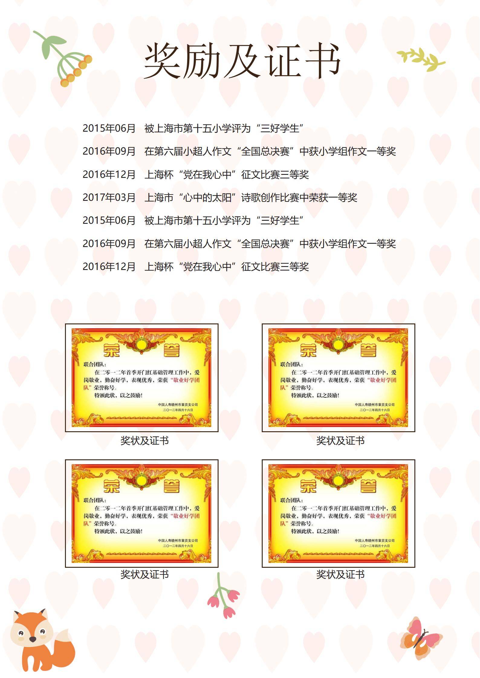 MX-0794含奖项推荐信的小升初自荐简历模板/