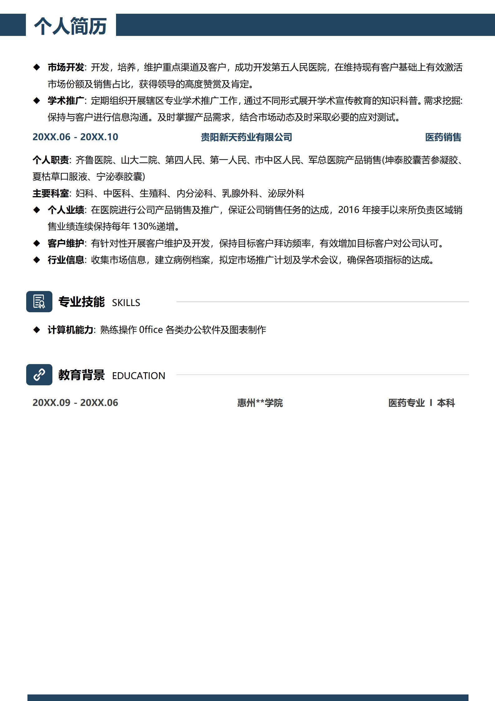 MX-4144高级医药代表七年高绩效简历模板/